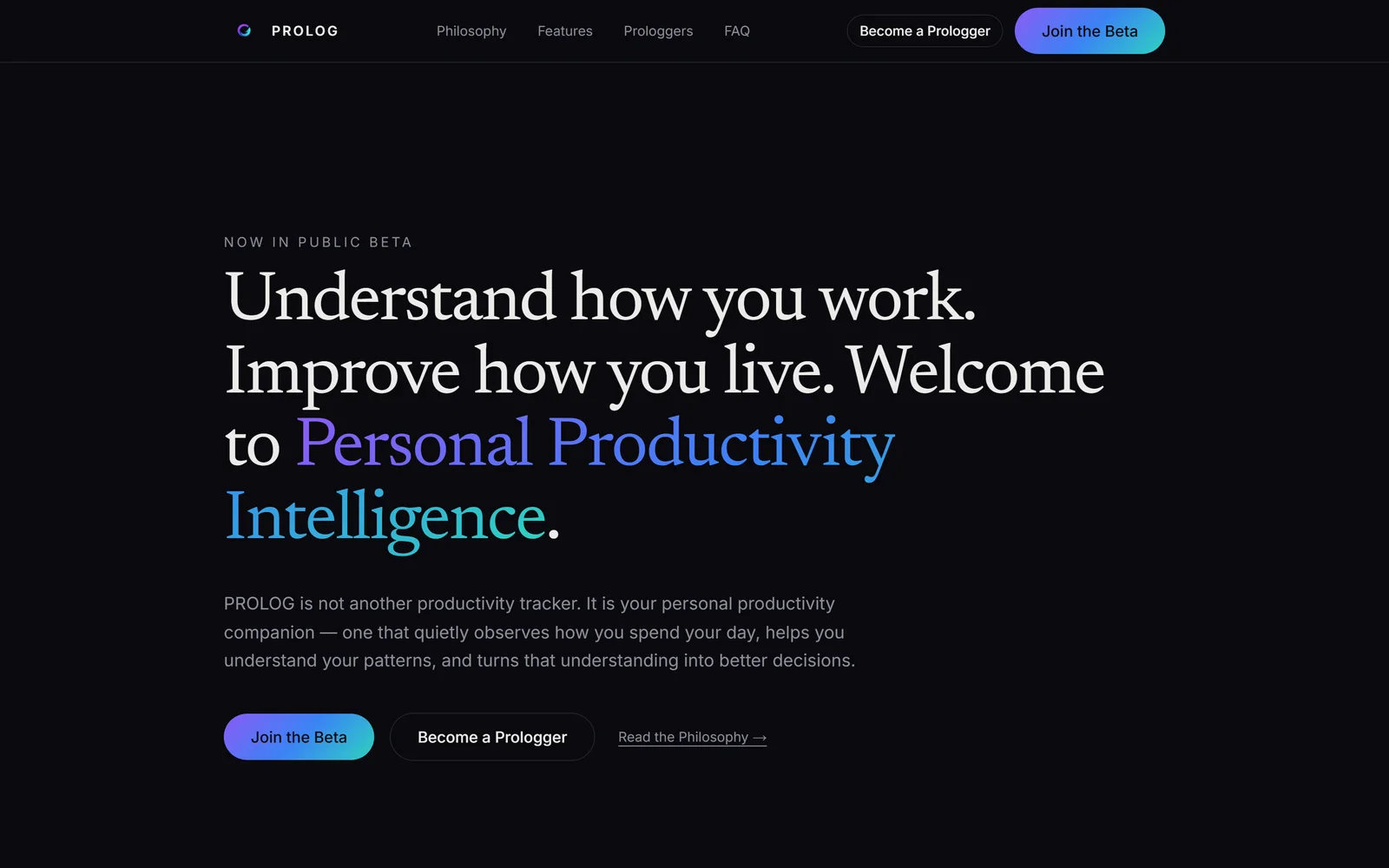 The PROLOG website homepage: Understand how you work. Improve how you live.